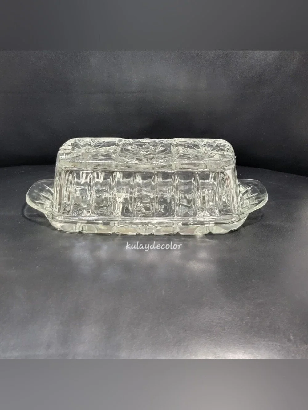Vintage Anchor Hocking Pressed Glass Covered Butter Dish Star of David Pattern